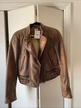 Free People Brown Distressed Leather Moto Jacket